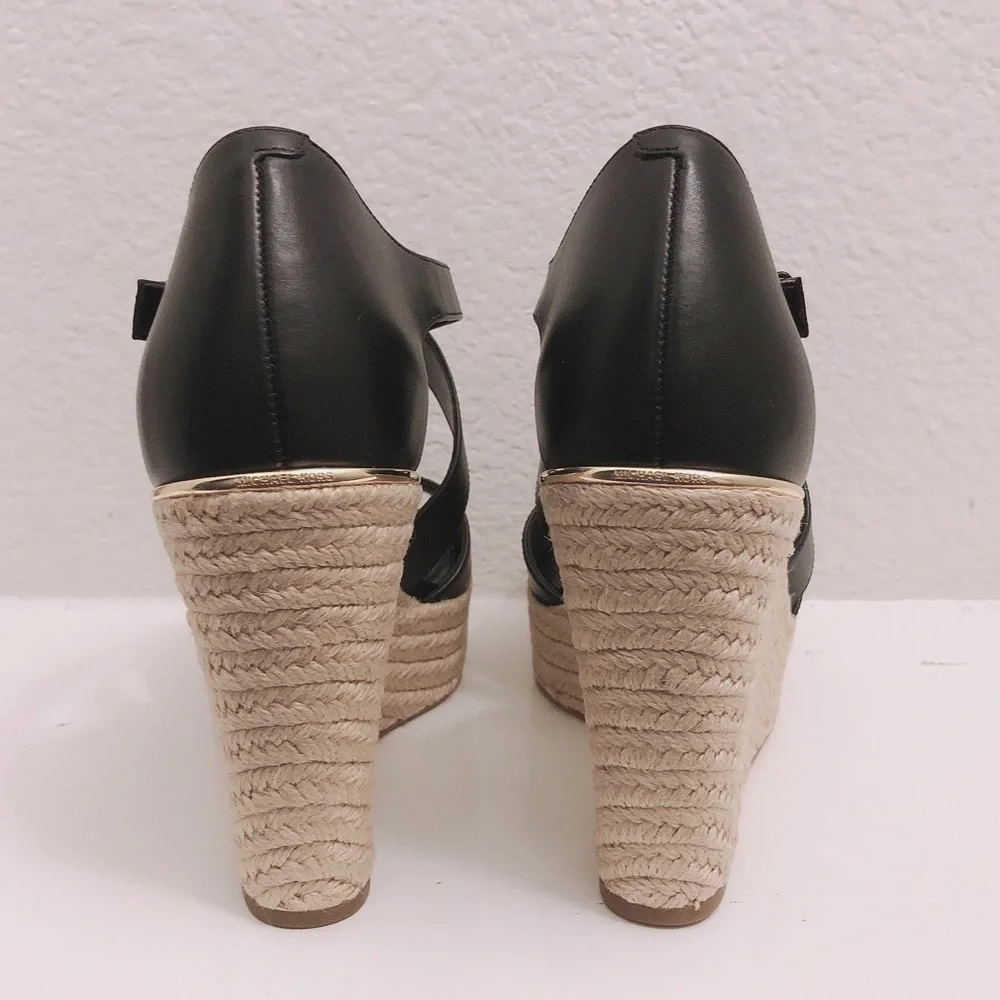 NEW Michael Kors Leather Wedge Sandals Espadrilles Black, Size 9.5 Retail $139 - Picture 5 of 13